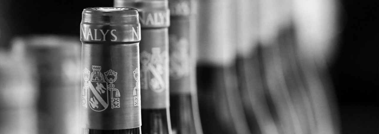 Une photographie mettant en valeur les cols des bouteilles de vin de la collection.