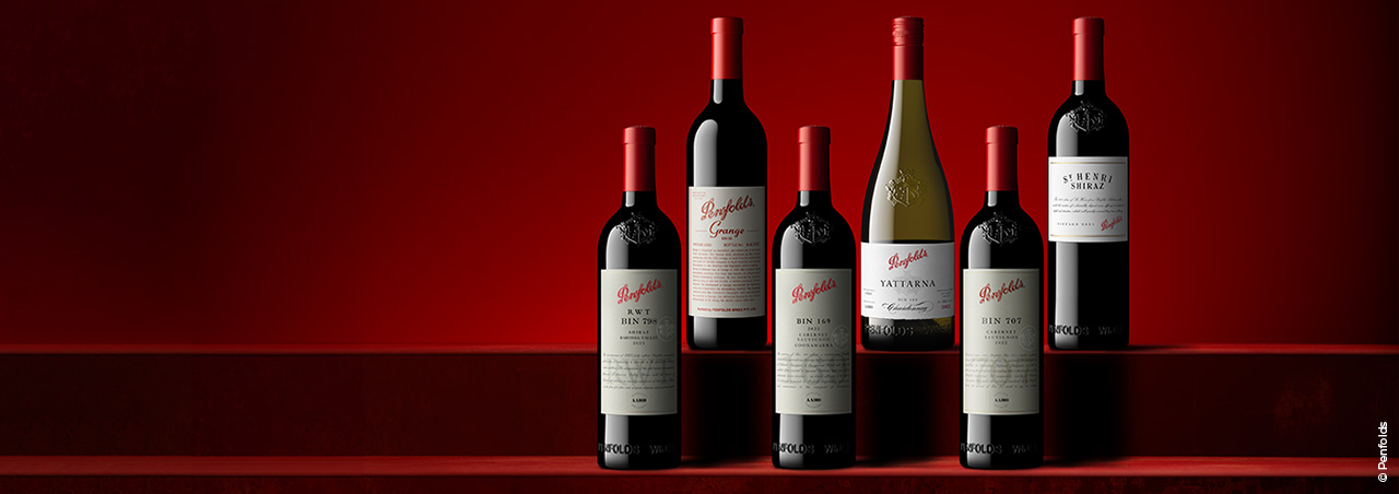 Penfolds Weinflaschen mit Shiraz und Chardonnay-Weinen
