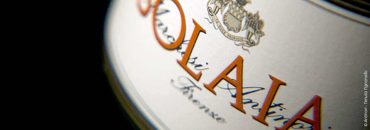 © Antinori - Tenuta Tignanello, Supertuscan Solaia, Toscana, Nahaufnahme des Etiketts