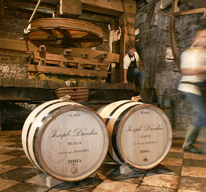 Holzfässer im Weinkeller des burgunder Weingut Joseph Drouhin, im Hintergrund Mitarbeiter vom Domaine