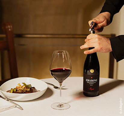Une image mettant en scène une bouteille d'Amarone della Valpolicella Classico, accompagnée d'une belle assiette joliment dressée.