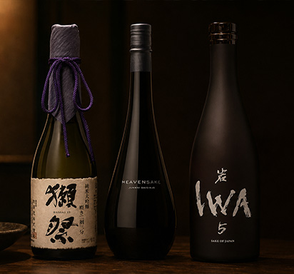 Un visuel mettant en valeur trois flacons de saké issus des Maisons Iwa, Heavensaké et Dassai.