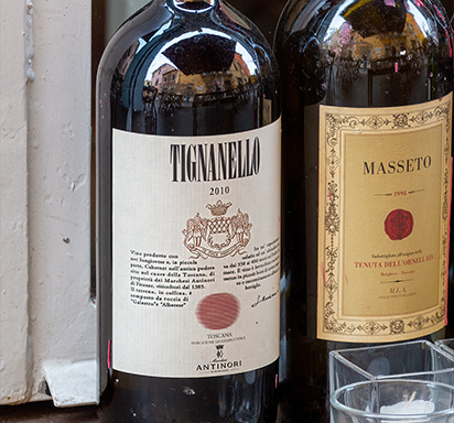 Tignanello-und Masseto-Flaschen, zwei berühmte Super-Tuscans