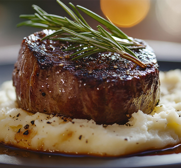 Un filet mignon tendre et savoureux, accompagné d'un écrasé de pommes de terre onctueux, sublimé par un dressage minimaliste et raffiné.