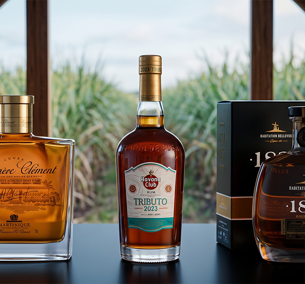 Une photo réunissant trois bouteilles signées par des maisons emblématiques du rhum : Clément, Havana Club et Foursquare.