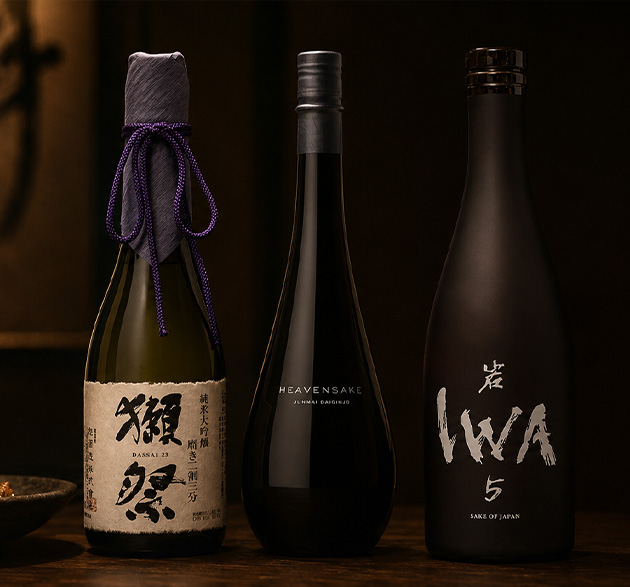 Un visuel mettant en valeur trois flacons de saké issus des Maisons Iwa, Heavensaké et Dassai.
