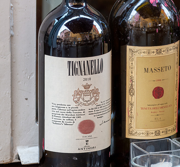 Tignanello-und Masseto-Flaschen, zwei berühmte Super-Tuscans