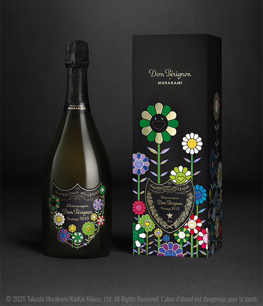 A bottle of Dom Perignon x Murakami on a flower