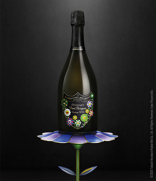 A bottle of Dom Perignon x Murakami on a flower