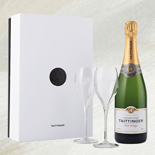 A bottle of champagne Taittinger Coffret Paradoxe Prestige Brut + 2 Flutes
