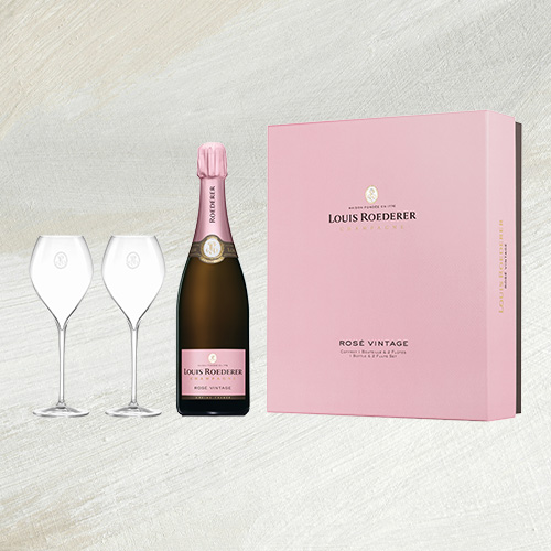 A bottle of champagne Louis Roederer Coffret Rosé Vintage & 2 Flutes 2016
