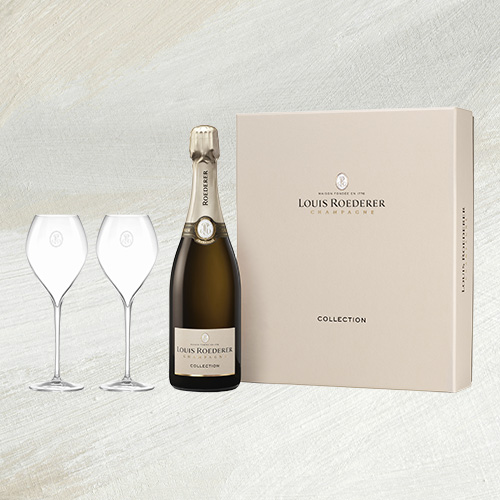 A bottle of champagne Louis Roederer Coffret Collection 243 & 2 Flutes