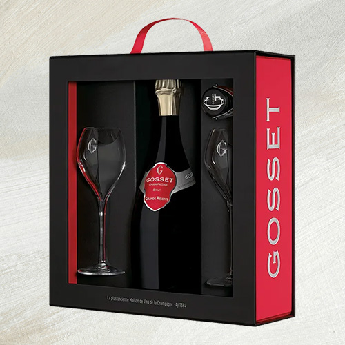 A bottle of champagne Gosset Coffret Grande Réserve 2 Flutes and 1 Stopper