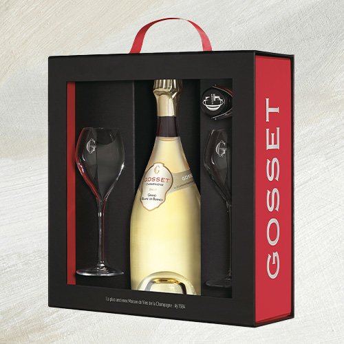 A bottle of champagne Gosset Coffret Grand Blanc de Blancs 2 Flutes and 1 Stopper