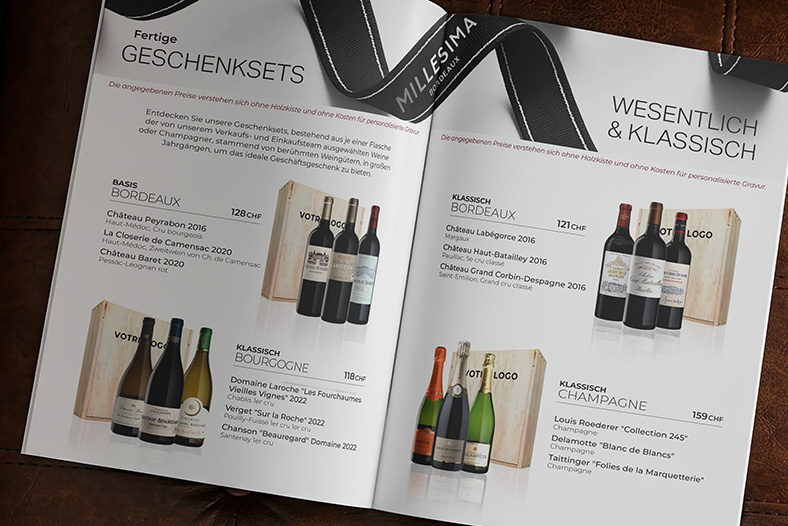 Geschenkboxen mit einer Flasche Wein oder Champagner für Unternehmen