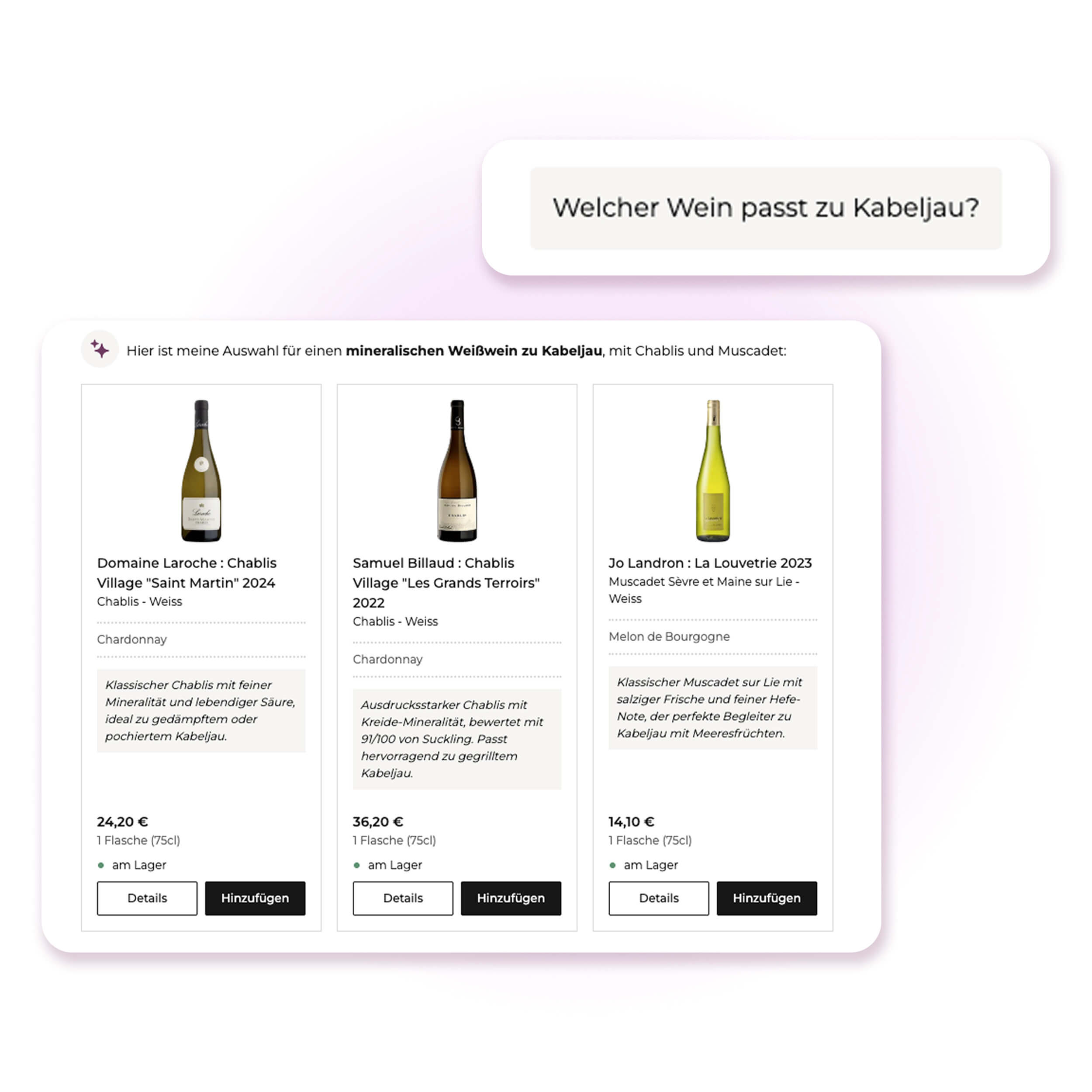 Vorschau des virtuellen Assistenten von Millesima in einer Konversation