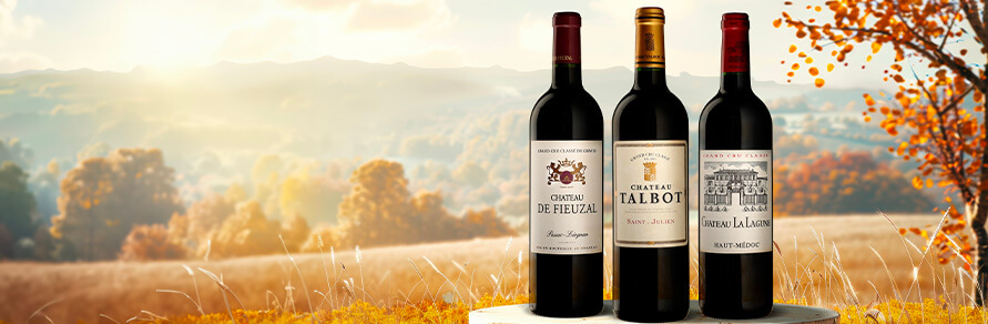 Three bottles of Bordeaux wines on a fall background