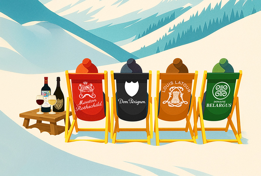 5 bouteilles de vins et champagnes posées sur de la neige