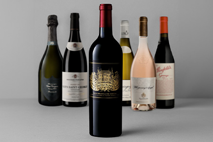 A group of wine bottles on a grey background