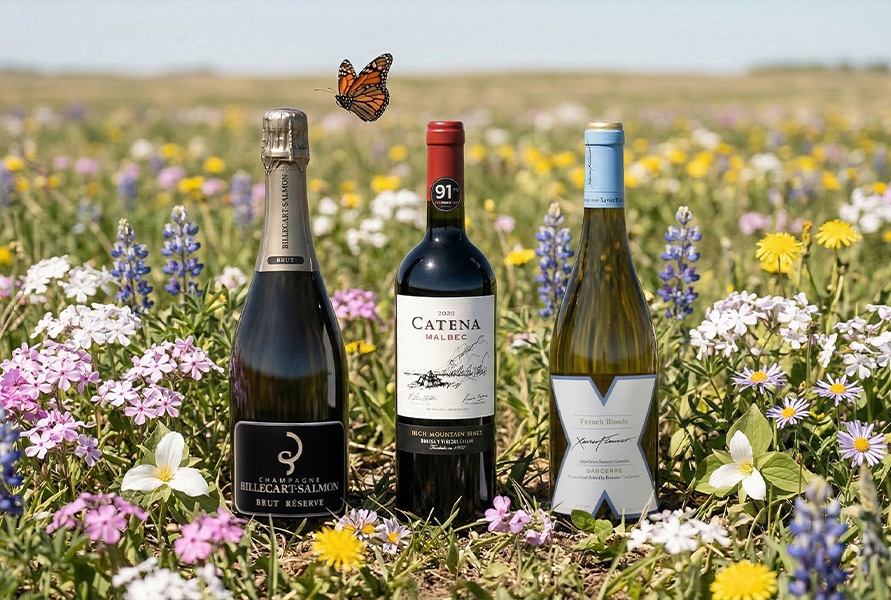Wine bottles in a flower field