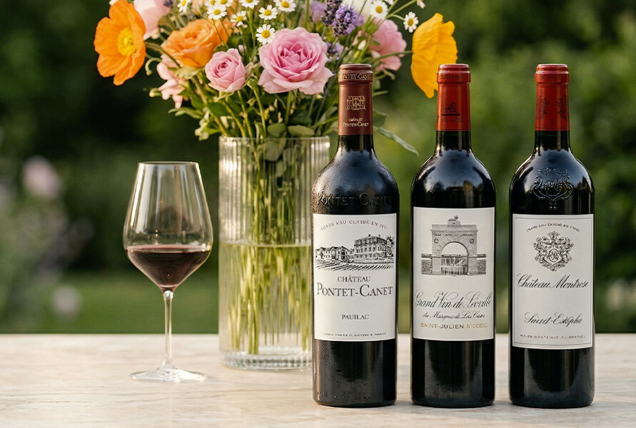 Three bottles of Bordeaux wines with a flower bouquet