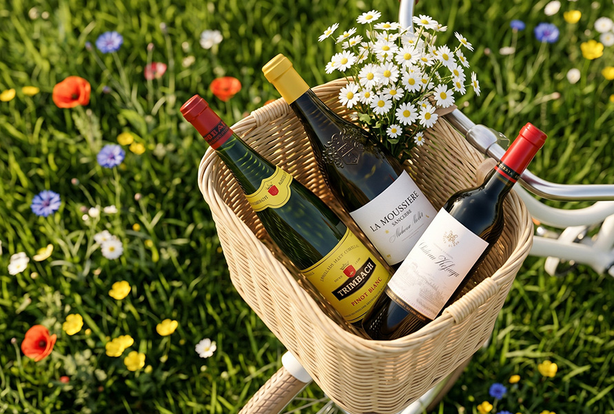 Three bottles of wines on a bike basket