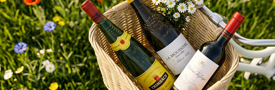 Three bottles of wines on a bike basket